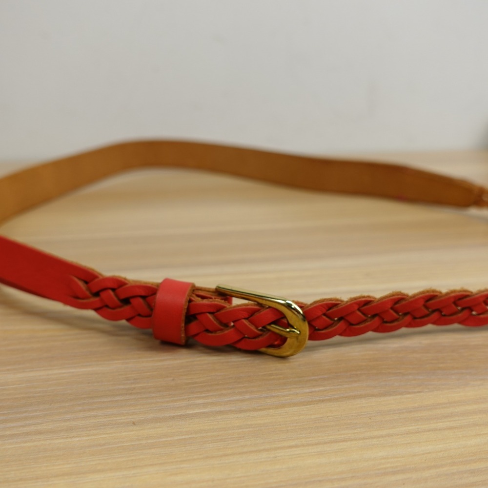 Y2K Boho Red Braided Skinny Belt Womens XS MEDIUM Real Leather Retro Festival
